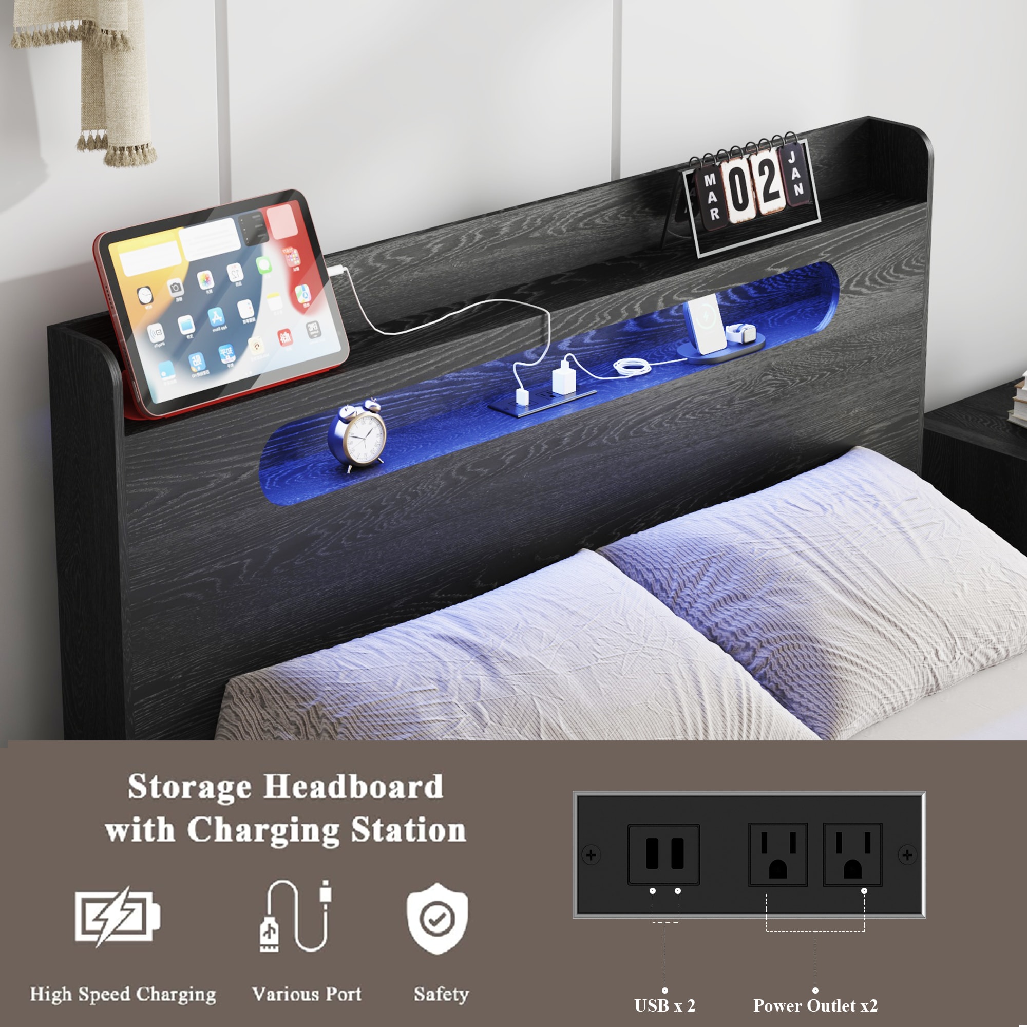 Bed Frame Full Size, Wood Platform Bed Frame With Storage LED Light Headboard And 2 USB , Noise Free,No Box Spring Needed And Easy Assembly Tool,Large Under Bed Storage,Black_voghion.com